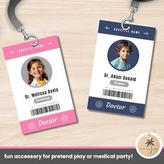 two children's medical id cards with lanyards attached to them, on a wooden background