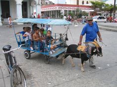 a man pulling a cart with children on it and a donkey in the foreground