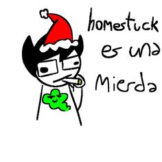 a drawing of a person wearing a santa hat and holding a green object in his hand