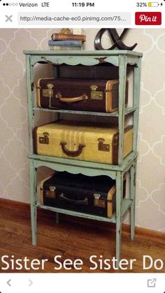 three suitcases stacked on top of each other in front of a wallpapered wall