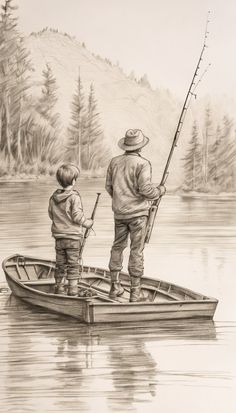 a drawing of two people fishing in a boat on the water with mountains in the background