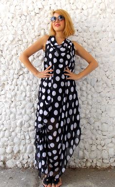 Maxi Black Polka Dot Dress / Plus Size Maxi Dress / by Teyxo Polka Dot Maxi Dress For Summer Party, Summer Party Polka Dot Maxi Dress, Polka Dot Chiffon Dress For Summer, Summer Polka Dot Chiffon Dress, Polka Dot Sleeveless Maxi Dress For Party, Sleeveless Polka Dot Maxi Dress For Party, Chic Polka Dot Maxi Dress For Party, Chic Flowy Polka Dot Dress, Frock Long