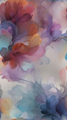 an abstract painting with blue, pink and orange flowers in the air on a gray background