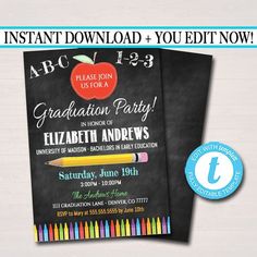 an apple chalkboard graduation party invitation with pencils and crayons on it