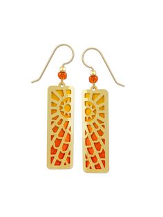 Orange Sunburst Column Dangles Earrings by Adajio | Light Years Jewelry Cheap Orange Retro Earrings, Sun Cutout, Yellow Ombre, Steel Columns, Orange And Gold, Gold Overlay, Orange And Yellow, 14kt Gold, Gold Beads