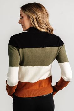 Baltic Born exclusive style Get ready for cooler days with this color block sweater! Black, olive, cream, and rust color blocks Buttery soft knit material High mock-neckline Ribbed neck and sleeve cuffs Marianne is 5'6, cup size 34D, size 6 and wearing size S Trina is 5'6, cup size 32D, size 2 and is wearing size S Brown Contrast Color Sweater For Winter, Contrast Layering Sweater For Fall, Contrast Sweater For Fall Layering, Brown Sweater With Contrast Color For Winter, Brown Winter Top With Contrast Color, Brown Winter Tops With Contrast Color, Winter Brown Top With Contrast Color, Fall Color Block Turtleneck Tops, Brown Crew Neck Sweater With Contrast Color