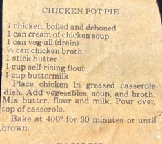 an old recipe for chicken pot pie