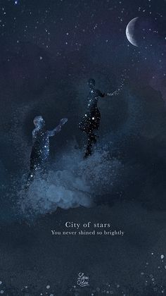 two people standing in the water under a night sky with stars and moon above them