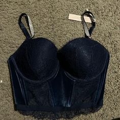 This Is A Lightly Lined Navy Blue Lace And Velvet Top With The Shine Straps In A 36d Blue Sleeveless Corset With Straps, Blue Corset With Straps, Blue Sleeveless Evening Corset, Victoria's Secret Blue Party Top, Elegant Blue Bra With Adjustable Straps, Blue Fitted Tops With Underwire Support, Blue Evening Corset, Victoria's Secret Fitted Strapless Bra, Victoria's Secret Strapless Fitted Bra