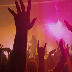 a crowd of people with their hands up in the air at a music festival or concert