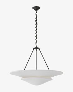 a light hanging from a ceiling fixture with a white glass bowl on the bottom and black chain