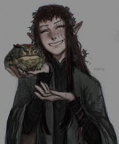 a drawing of a person holding a frog