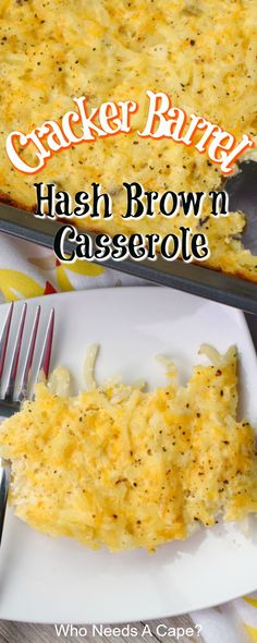 a casserole dish with hash browns in it on a plate next to a fork