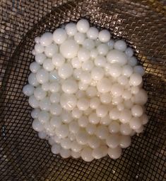 some white balls are in a mesh bowl