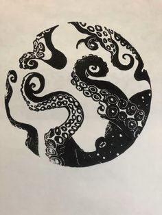 an ink drawing of two octopuses in a circular design on white paper with black and white swirls