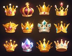 a set of nine golden crowns with jewels and gems on black background, all in different shapes and sizes