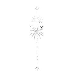 a black and white drawing of a palm tree with birds flying around it in the sky