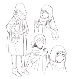 three people in different poses, one wearing a scarf and the other wearing a hood