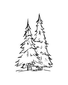 a black and white drawing of pine trees