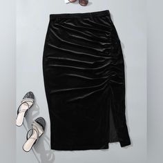 This Versatile Skirt Is Made Of A Quality Black Velvet Fabric, Runs Half Way Between The Knee And Ankle And Rouched At The Side With A Knee High Slit. Available Sizes: 0x, 1x & 2x #Blackskirt #Velvet #Blackvelvet #Corporateskirt #Businesscasual Black Velvet Skirt Outfit, Velvet Skirt Outfit, Wardrobe Revamp, Womens Distressed Jeans, Vintage Floral Skirt, Velvet Midi Skirt, Distressed Jean Skirt, Black Velvet Skirt, Black Velvet Fabric