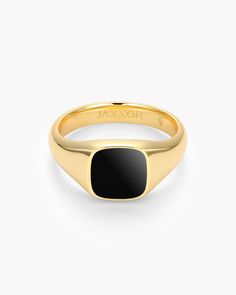 At JAXXON, we love mixing classic designs with modern elements. Our men’s gold Square Signet Ring has a shiny gold band accented with a sleek black epoxy square. This contemporary signet ring may not contain your family seal, but it shows off your strength and confidence every time you wear it.