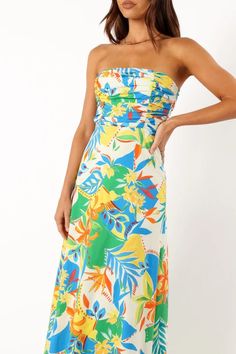 Harriet Strapless Midi Dress - Malta Print - Petal & Pup USA Strapless Sundress With Ruched Bodice, Bandeau Beach Dress With Ruched Detail, Bandeau Ruched Dress For Beach, Bandeau Ruched Beach Dress, Summer Bandeau Dress For Garden Party, Beach Dresses With Straight Neckline And Lining, Strapless Lined Midi Dress For Brunch, Strapless Ruched Midi Dress For Beach, Strapless Dress With Smocked Back For Garden Party