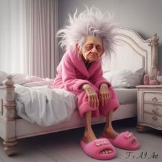 an old woman sitting on top of a bed wearing pink slippers