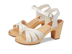 Swedish Hasbeens 80s Strap Sandal - Women's Shoes : White : Complement your feminine flair with the subtle elegance and the effortless comfort of the Swedish Hasbeens 80s Strap Sandals. Vachetta leather upper and lining. Comfort insole and midsole crafted from lime wood tree. Buckled closure on the ankle strap. Round open toe. Sculptural heel. Rubber outsole. Imported. Measurements: Heel Height: 3 6 13 in Platform Height: 3 5 in Product measurements were taken using size EU 37 (US Women's 7), wi Summer T-strap Wedge Sandals With Heel Loop, White Wedge Sandals With 4-inch Heel Round Toe, White Lace-up Platform Wedge Sandals, White Ankle Strap Wedge Sandals With 4-inch Heel, White T-strap Sandals With Leather Sole, Swedish Hasbeens, Beige Sandals, Strap Sandals Women, Wedge Espadrille