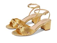 Jewel Badgley Mischka Hudson - Women's Sandals : Gold Fabric : Give a trendy update to your footwear collection wearing Jewel Badgley Mischka Hudson Heels crafted with the finest materials for lasting comfort durability. The heels come with a knotted-style polyester upper, faux leather lining, and padded faux leather insole with added layer of cushioning. The ankle strap and buckle closure is designed for a customizable fit. Open almond toe. Block heel. Rubber outsole. Imported. Measurements: Heel Height: 1 1 1 in Product measurements were taken using size 5, width M. Please note that measurements may vary by size. Chic Heels With Cushioned Footbed And Adjustable Fit, Elegant Heels With Cushioned Footbed And Adjustable Fit, Elegant Adjustable Heels With Cushioned Footbed, Gold Dress Shoes, Jewel Badgley Mischka, Gold Fabric, Badgley Mischka, Low Heels, Block Heels