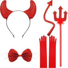 PRICES MAY VARY. Package includes: 1 x red headband with shiny devil horns, 1 x shiny red bow tie, 1 x metallic red tail, 1 x devil fork and 1 pair of red elbow-length gloves, suitable for you to dress up as a scary yet cute devil, and enjoy your holiday Material: the devil horns of the headband are made of leather-wrapped glitter material, making the headband look noble and gorgeous, while the headband covered with smooth fabric, is safe and comfortable to wear; The bow tie and tail are also ma Red Fork, Elbow Length Gloves, Devil Costume, Horn Headband, Carnival Costume, Red Gloves, Red Headband, Headband Bow, Red Bow Tie