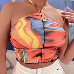 Never Worn Trendy Orange Halter Neck Top, Vibrant Orange Fitted Top, Vibrant Summer Party Tops, Vibrant Red Summer Tops, Multicolor Halter Neck Top For Spring, Vibrant Stretch Summer Tops, Vibrant Fitted Sleeveless Top, Vibrant Fitted Spring Tops, Tops Shein