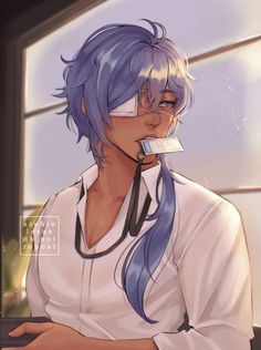 an anime character with blue hair wearing a white shirt