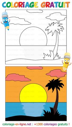 a coloring page with an image of a palm tree and the sun in the background