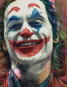 the joker is smiling with his face painted red, white and blue