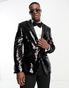 Suit jacket by ASOS DESIGN Effort: made Peak lapels Padded shoulders Internal chest pocket Two-button fastening External pocket details Regular fit Glitz And Glam Party Theme Outfit Men, Glam Outfits Men, Nye Outfits Men, Dinner Party Outfit Men, Black Sequin Outfit, Beyonce Concert, Wedding Party Groomsmen, Pinterest Uk, Suit Stores