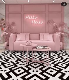 a living room with pink walls and black and white flooring that says hello hello