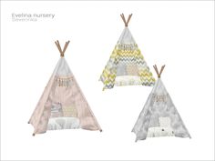 three teepees with different patterns on them