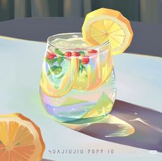 a painting of two glasses with lemons and cherries on the rim next to an orange slice