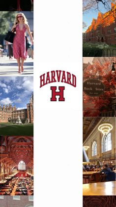 the harvard logo is shown in many different pictures, including buildings and people walking around