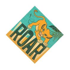 a napkin with an image of a lion on it's back and the words roar written in large letters