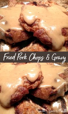 two pictures of fried pork chops and gravy on a plate with the words, fried pork chops and gravy