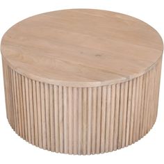 a round wooden table with vertical slats on the top