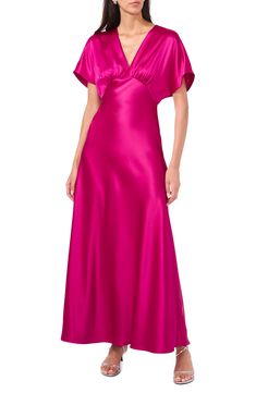 Shirred details and fluttering sleeves add to the enchantment of a satin party dress drenched in an eye-popping hue. 57 1/2" length (size 8) Hidden side-zip closure Deep V-neck Short sleeves Unlined 97% polyester, 2% spandex, 1% other fibers Hand wash, line dry Imported Pink A-line Satin Dress For Evening, Elegant Pink Cap Sleeve Dress, Fitted Pink Silk Evening Dress, Holiday Satin Cocktail Evening Dress, Holiday Cocktail Satin Evening Dress, Holiday Cocktail Evening Dress In Satin, Pink A-line Satin Evening Dress, V-neck Satin Dress For Evening Party Season, Silk Short Sleeve Evening Dress