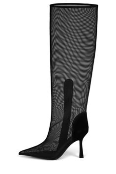 Pointed-toe mesh knee-high heeled boot Fits half size big. Order next half size down. Measurements taken from size 7 3.75" Heel, 0.25" Platform 17.75" Shaft, 15" Leg Opening Leather/ Fabric Upper, Leather Lining, Synthetic Sole Zipper closure Clear Wedges, Boot Fits, Open Toe Boots, Mesh Heels, 5 Inch Heels, Platform Boots, Black Mesh, High Heel Boots, Leather Fabric