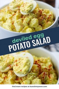 deviled egg potato salad in a white bowl with text overlay that reads deviled egg potato salad