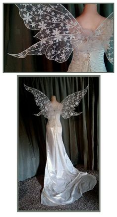 two pictures of the back and side of a dress with wings