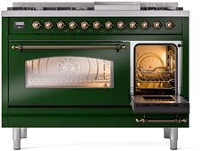 an oven with the door open and gold pans in it's burners