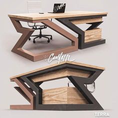 the desk is made out of wood and has an angled design on it's sides