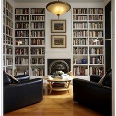 a living room filled with lots of furniture and bookshelves next to a fire place