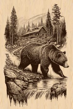 a drawing of a bear walking across a stream in front of a cabin on the side of a mountain